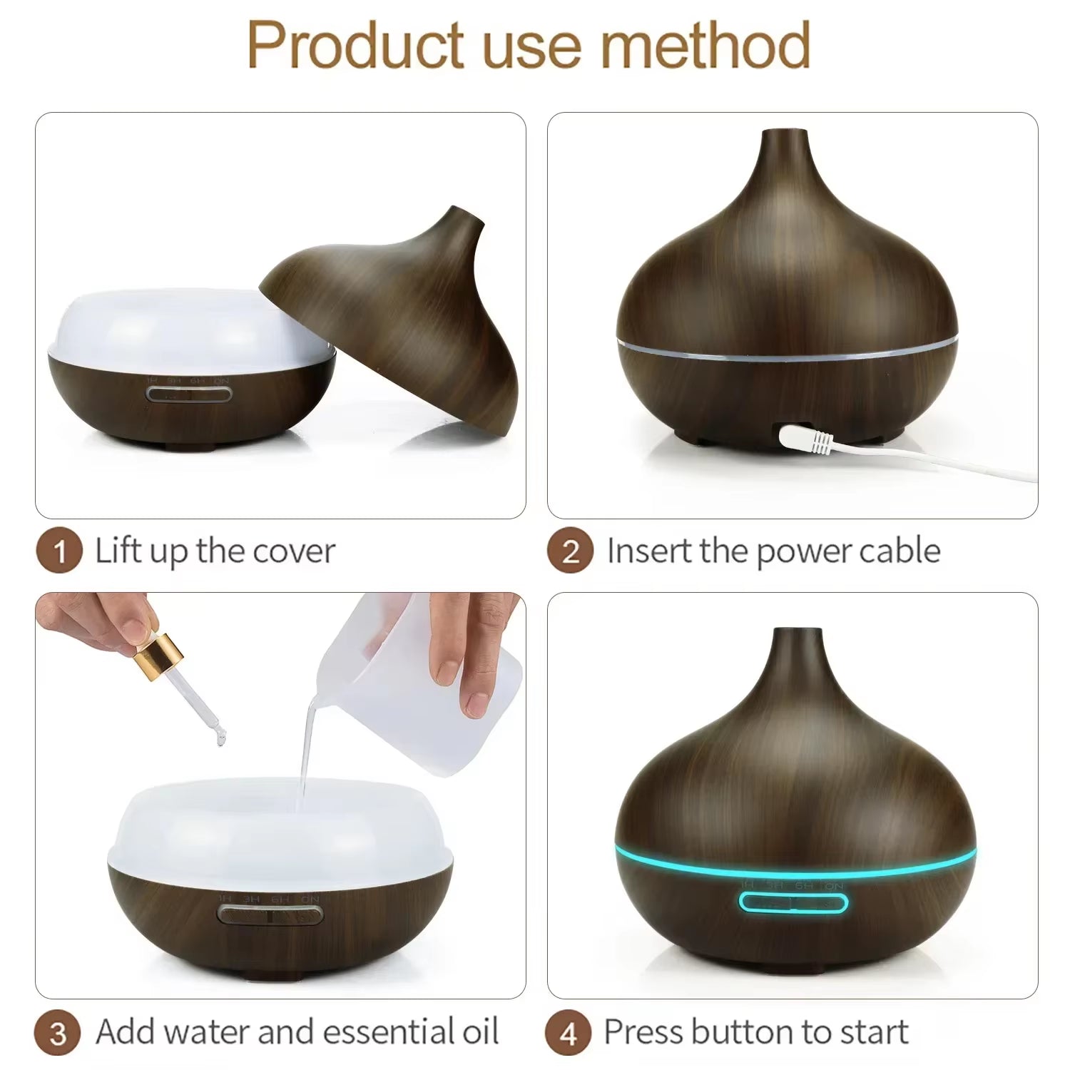 Air Humidifier Aromatherapy Essential Oil Diffuser Wood Grain 500Ml Ultrasonic Remote Control 7 Color Lights for Home Bedroom ﻿